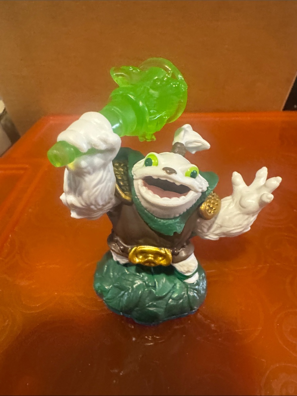 Green and White Frog Warrior Figurine with Translucent Green Staff